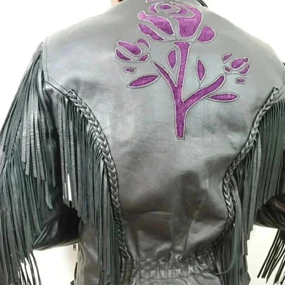 Black Leather Vintage Western Fringe Jacket with Purple Embroidery – Medium - Picture 6 of 16